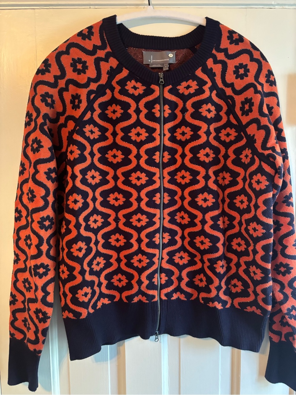 Anthropologie Patterned Zip-Front Sweater Jacket - Orange/Black